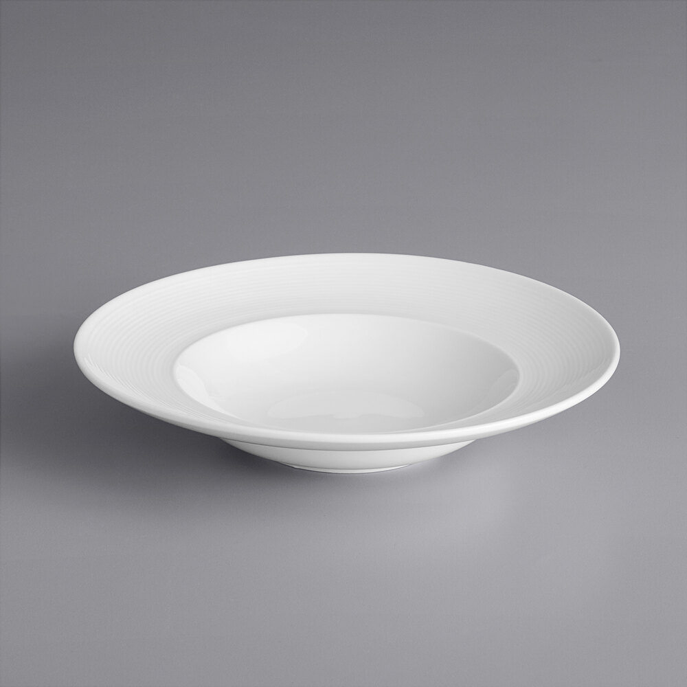 Acopa Liana 9 oz. Bright White Embossed Lines Wide Rim Porcelain Soup Bowl - Sample