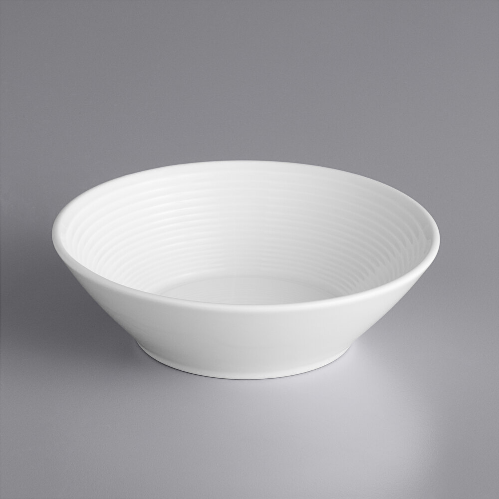 Acopa Liana 13 oz. Bright White Embossed Lines Rimmed Porcelain Grapefruit / Cereal Bowl - Sample