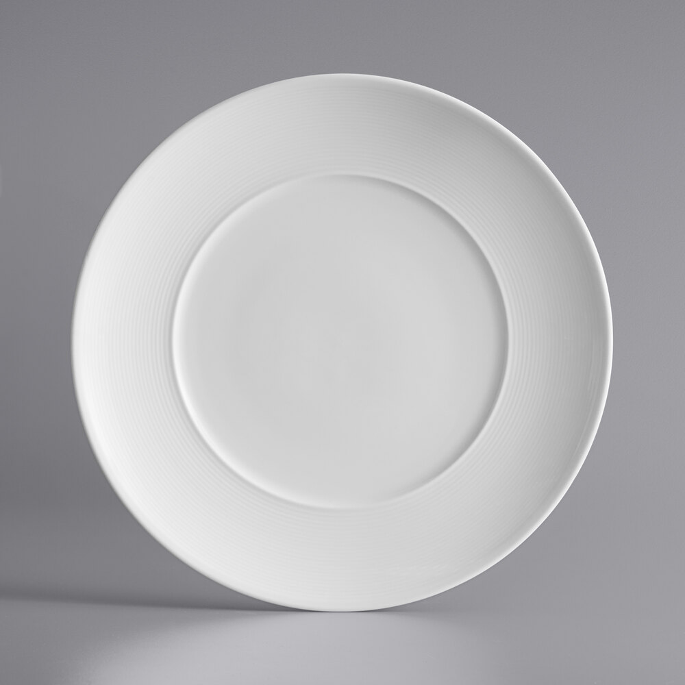 Acopa Liana 10 1/2" Bright White Embossed Lines Wide Rim Porcelain Plate - Sample