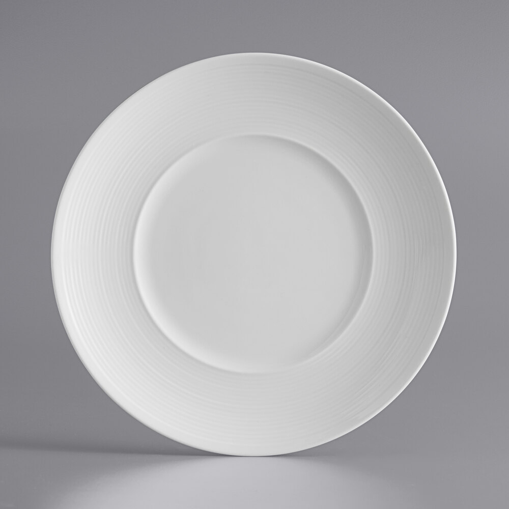 Acopa Liana 8 1/4" Bright White Embossed Lines Wide Rim Porcelain Plate - Sample