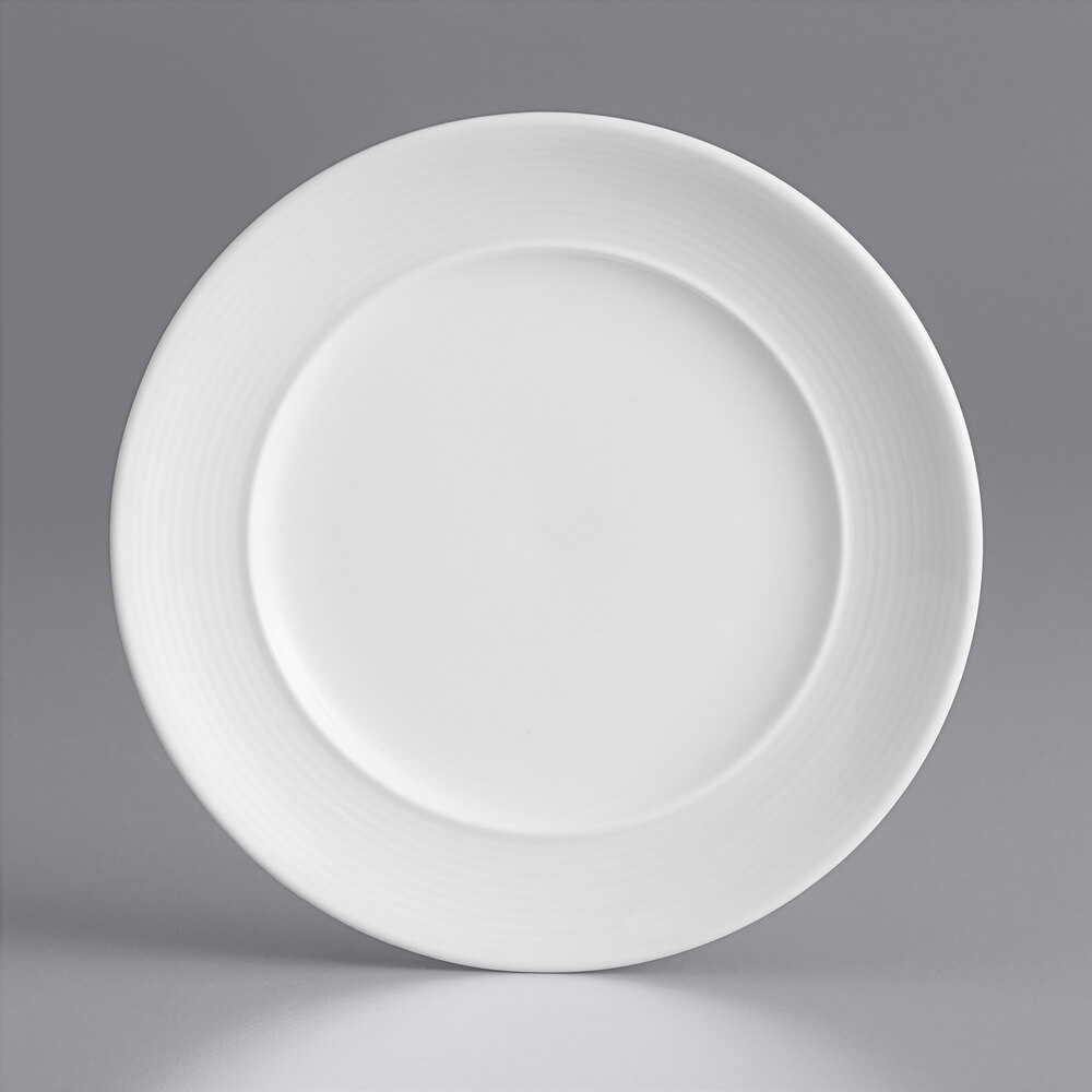 Acopa Liana 6" Bright White Embossed Lines Wide Rim Porcelain Plate - Sample