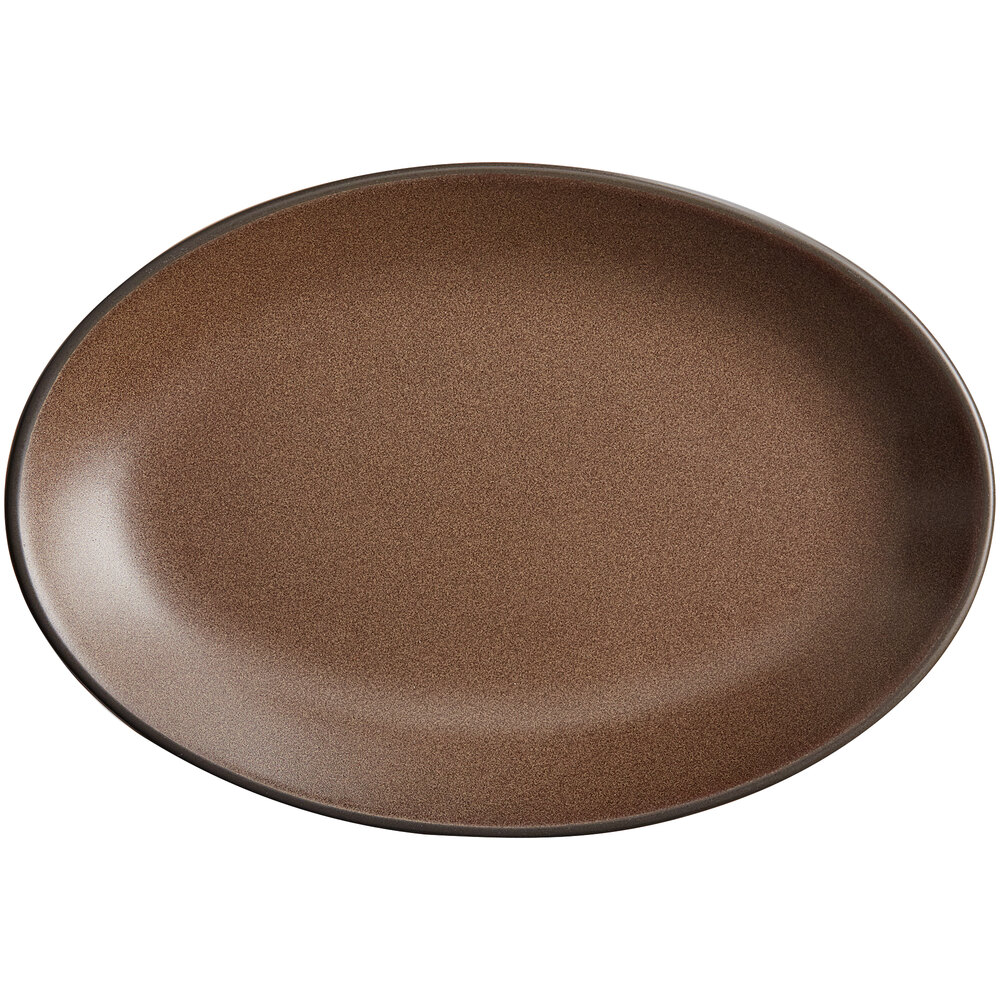 Acopa Embers 9 1/2" x 6 1/2" Hickory Brown Matte Coupe Stoneware Platter - Sample