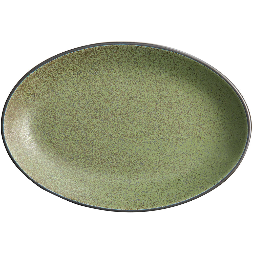 Acopa Embers 9 1/2" x 6 1/2" Moss Green Matte Coupe Stoneware Platter - Sample