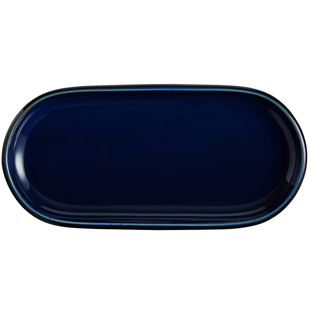 Acopa Keystone 12 1/2" x 6" Azora Blue Stoneware Oblong Coupe Platter - Sample