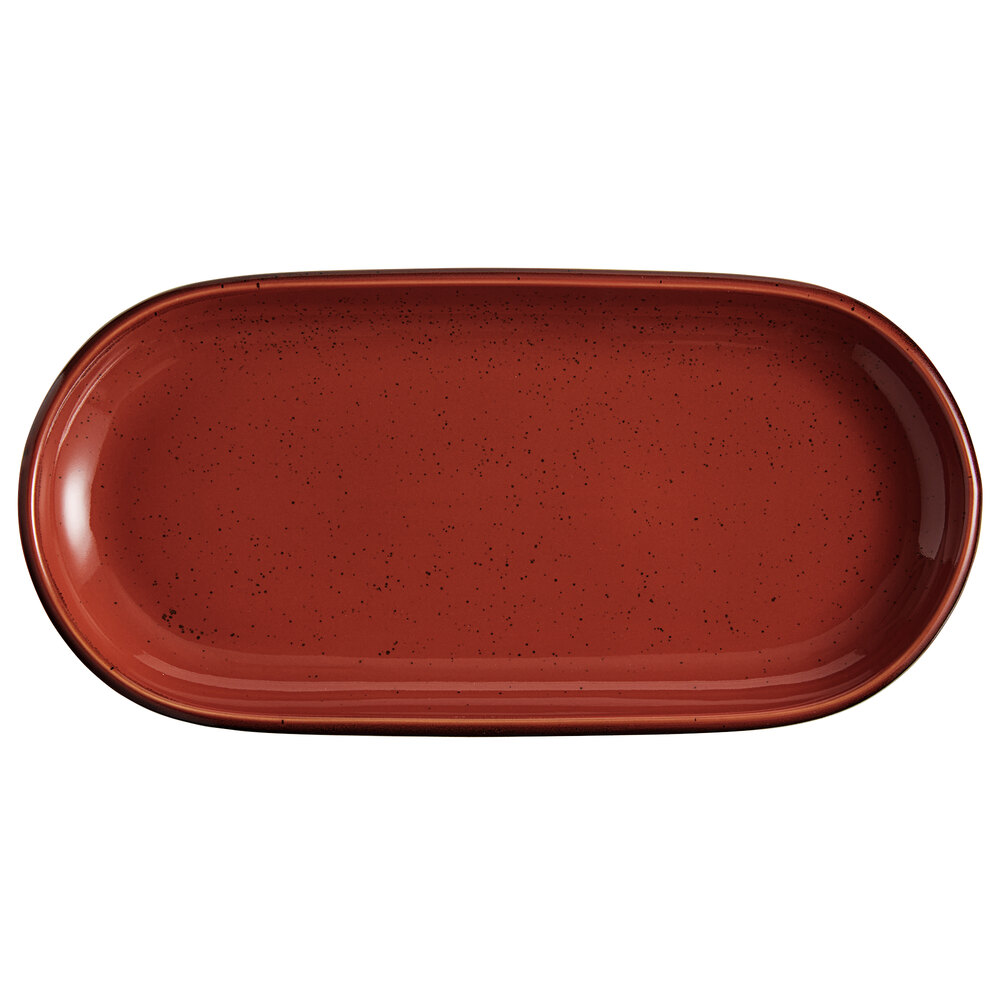 Acopa Keystone 14" x 6 3/4" Sedona Orange Stoneware Oblong Coupe Platter - Sample