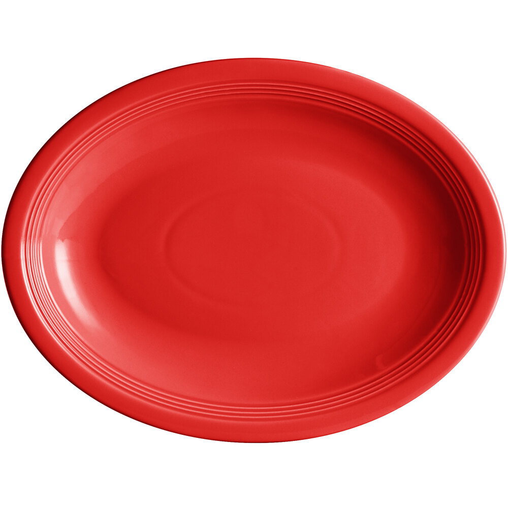 Acopa Capri 13 3/4" x 10 1/2" Passion Fruit Red Oval Stoneware Coupe Platter - Sample