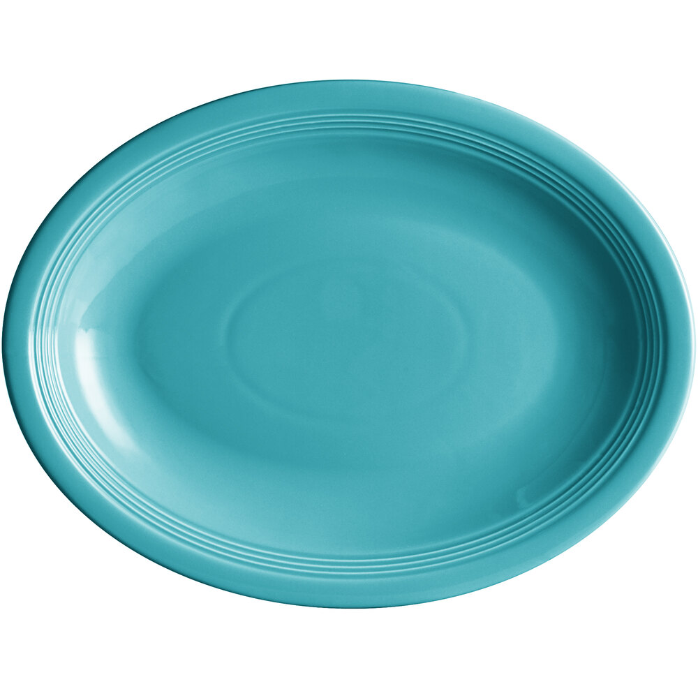 Acopa Capri 13 3/4" x 10 1/2" Caribbean Turquoise Oval Stoneware Coupe Platter - Sample