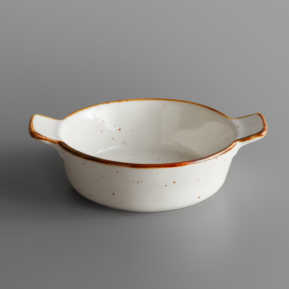 Acopa Keystone 6 oz. Vanilla Bean Stoneware Mini Casserole Dish with Handles - Sample