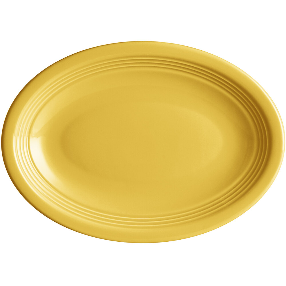 Acopa Capri 9 3/4" x 7" Citrus Yellow Oval Stoneware Coupe Platter - Sample