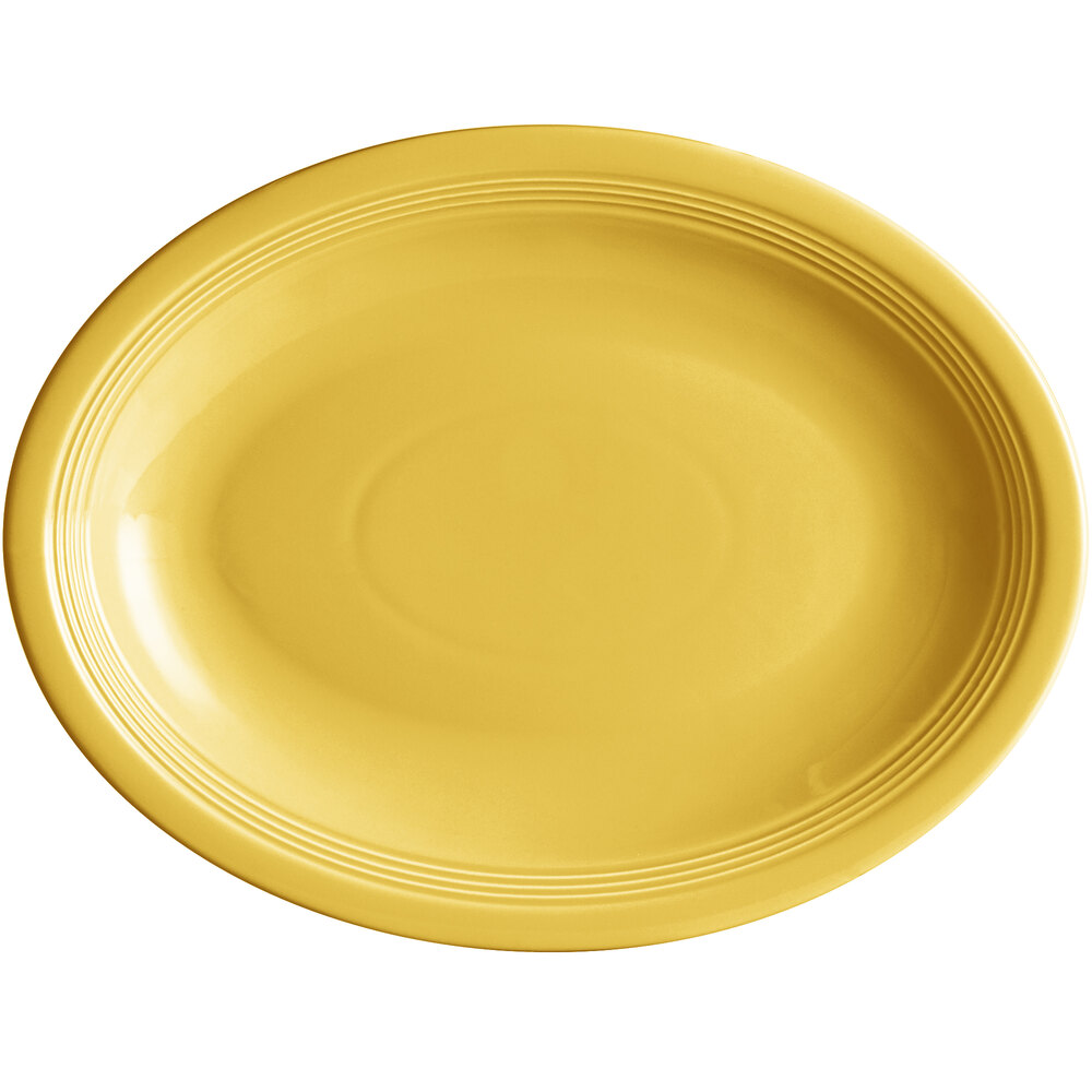 Acopa Capri 13 3/4" x 10 1/2" Citrus Yellow Oval Stoneware Coupe Platter - Sample
