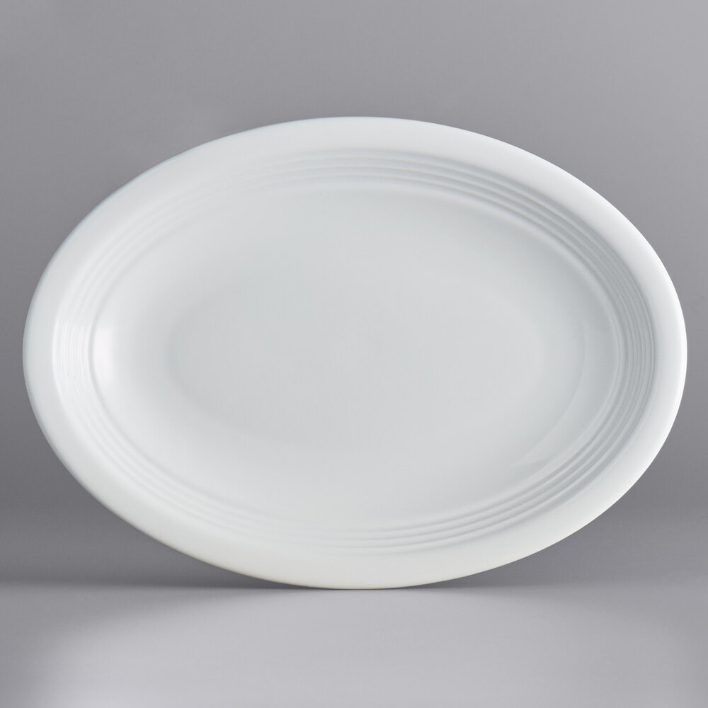 Acopa Capri 11 1/2" x 8 3/4" Coconut White Oval Stoneware Coupe Platter - Sample