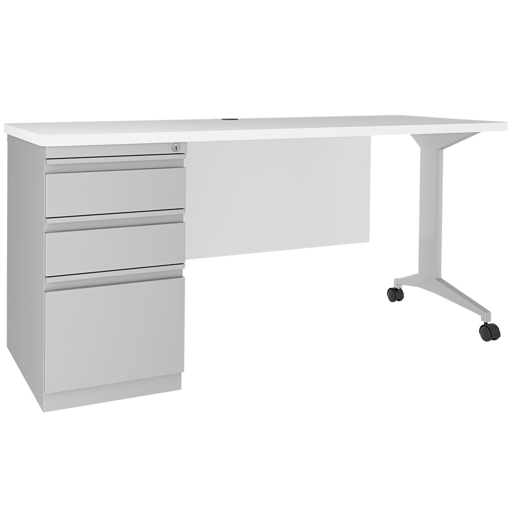 Hirsh Industries 24226 White / Arctic Silver Mobile Single Pedestal Modern Teacher's Desk with Modesty Panel - 60" x 24" x 28 3/4"