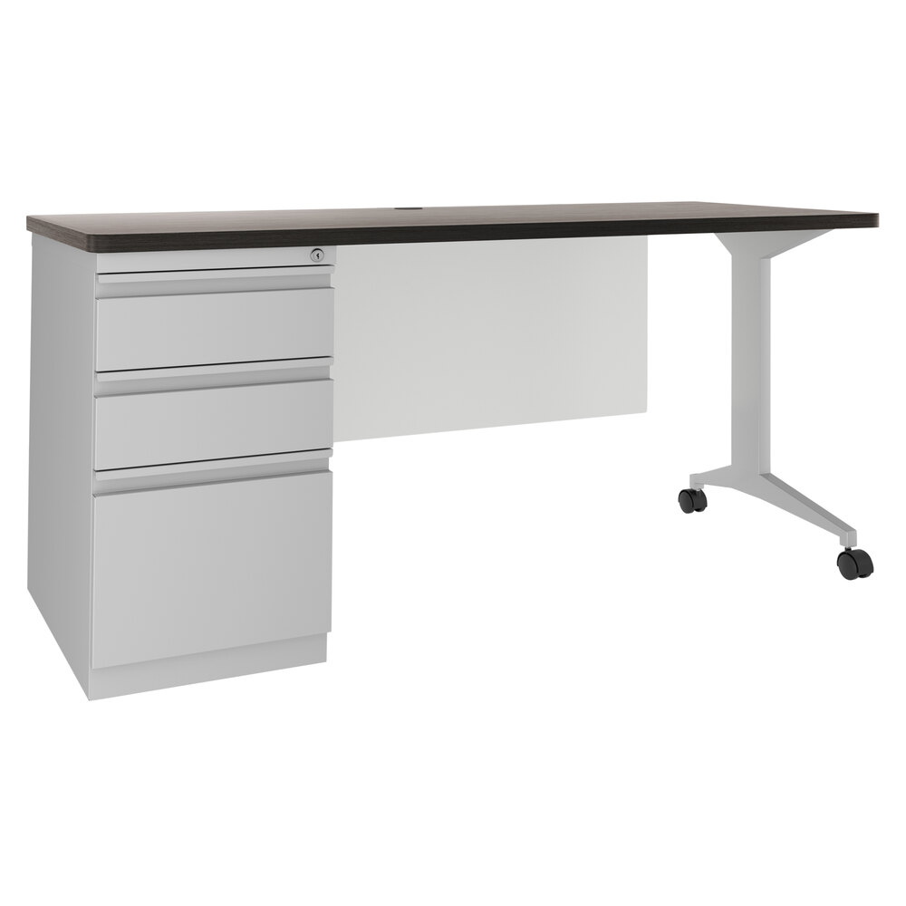 Hirsh Industries 24227 Weathered Charcoal / Arctic Silver Mobile Single Pedestal Modern Teacher's Desk with Modesty Panel - 60" x 24" x 28 3/4"