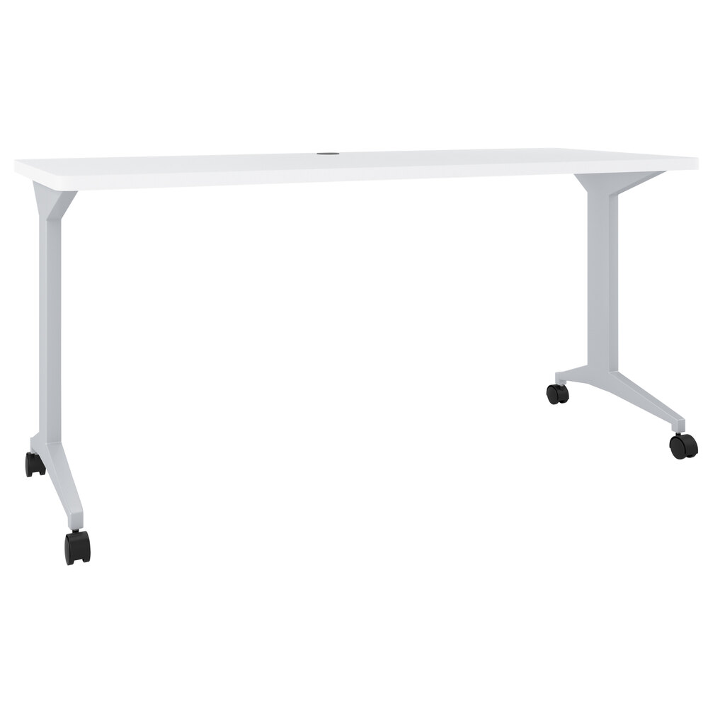 Hirsh Industries 24373 White / Arctic Silver Mobile Modern Table / Desk with T-Leg Base - 60" x 24" x 28 3/4"