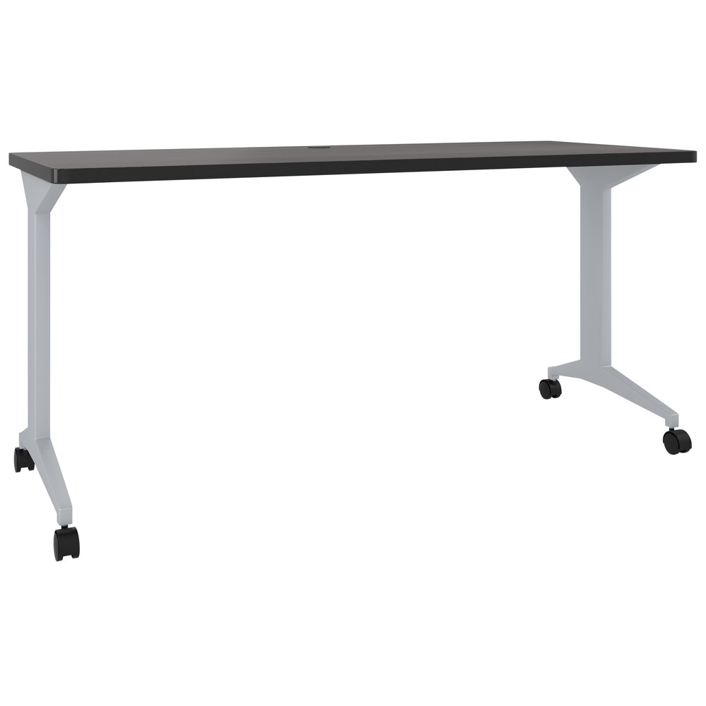 Hirsh Industries 24374 Weathered Charcoal / Arctic Silver Mobile Modern Table / Desk with T-Leg Base - 60" x 24" x 28 3/4"