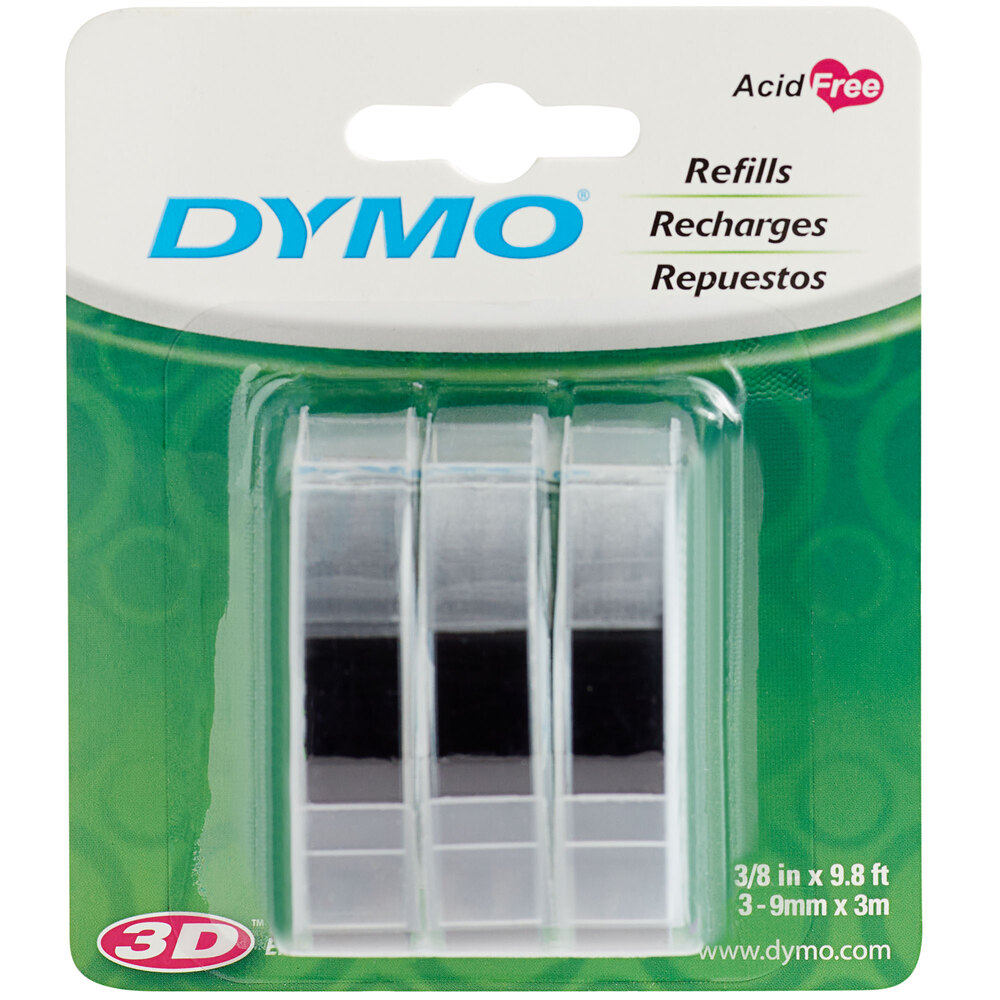 DYMO 1741670 3/8" x 9 13/16' Black Glossy Embosser Label Tape - 3/Pack