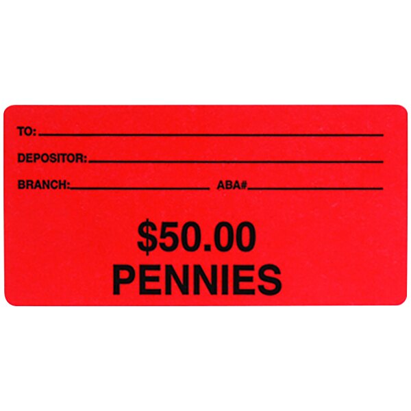 Controltek USA 550000 2" x 4" Red Self-Adhesive $50 Pennies Labels - 100/Box