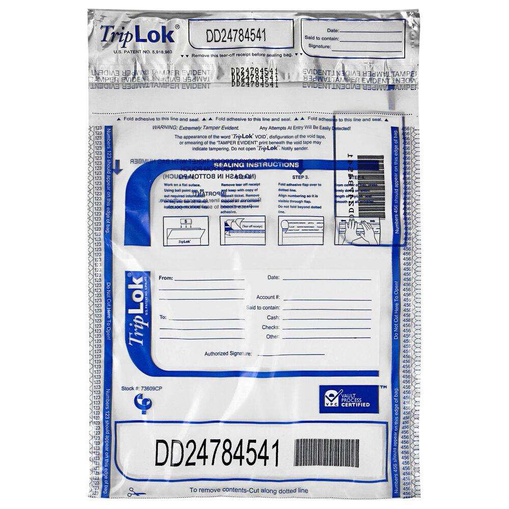 Controltek USA 585030 TripLok Clear 9" x 12" Tamper-Evident Cash Deposit Bag with Pocket - 100/Pack