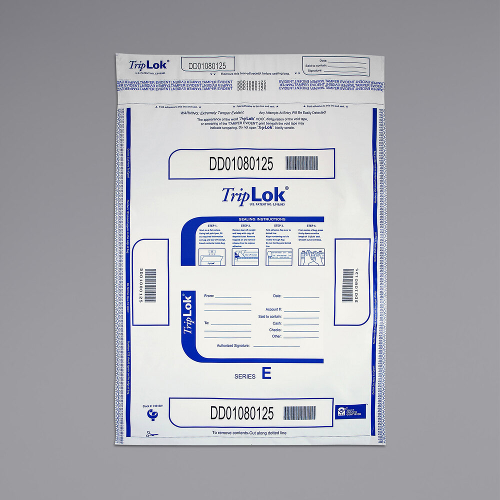 Controltek USA 585053 TripLok White 15" x 20" Tamper-Evident Cash Deposit Bag - 50/Pack