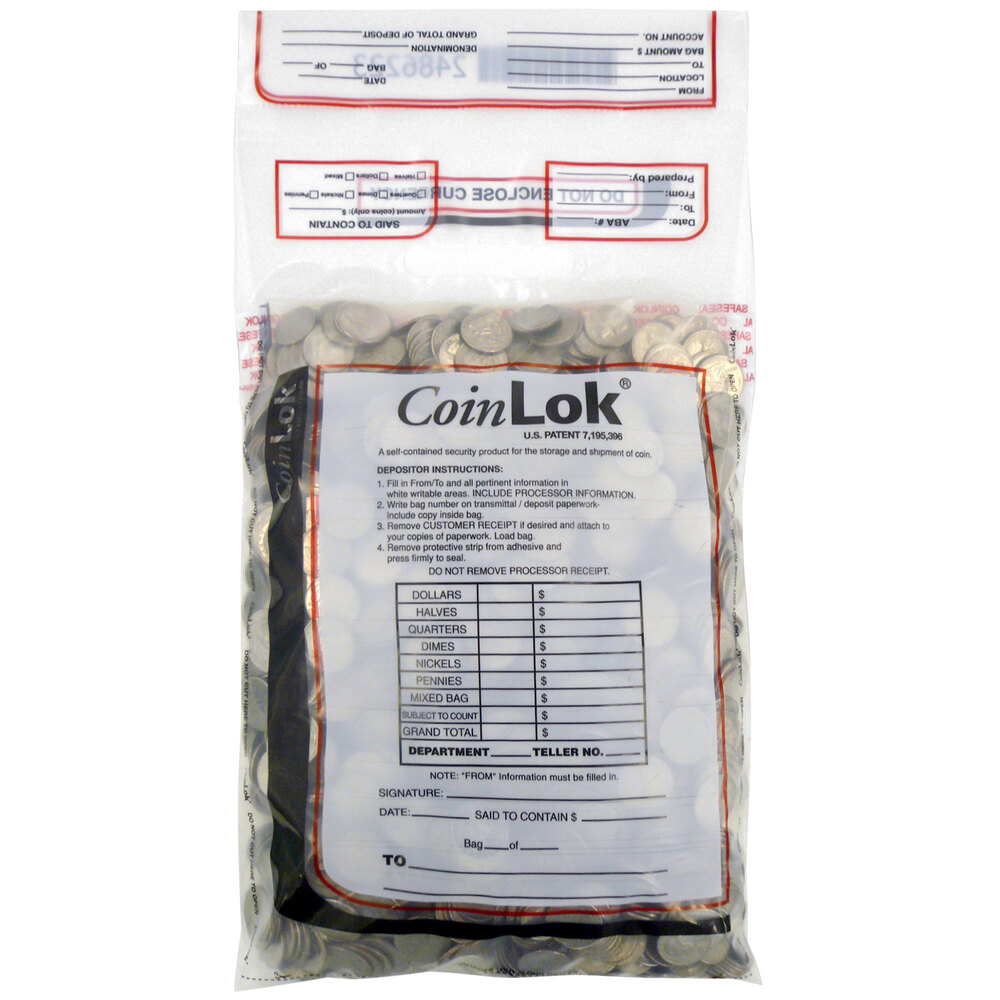 Controltek USA 585100 CoinLok Clear 12 1/2" x 25" Tamper-Evident Coin Deposit Bag - 250/Case