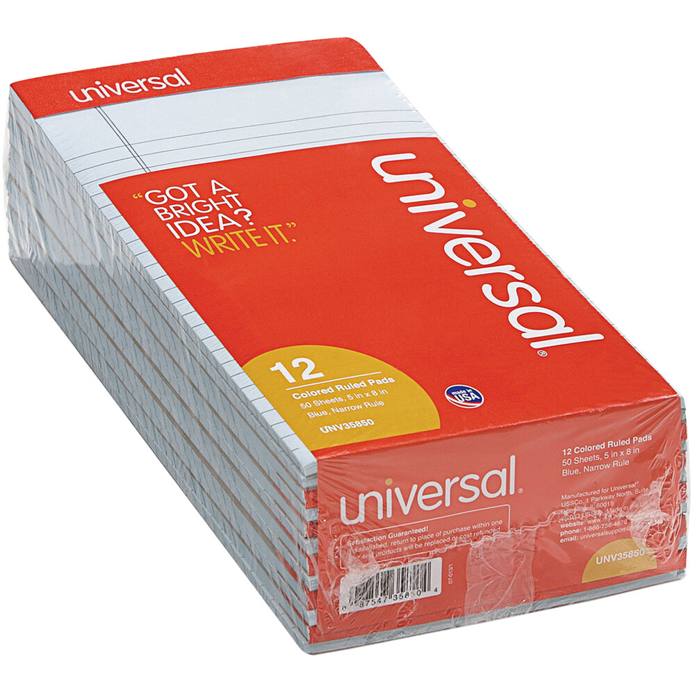 Universal UNV35850 5" x 8" Narrow Rule Blue Perforated Note Pad - 12/Pack