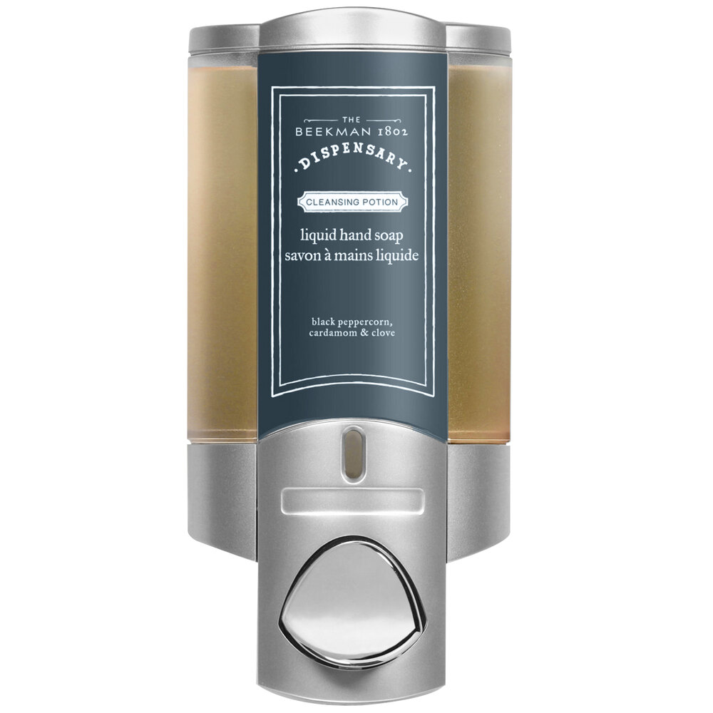 Dispenser Amenities 36134-BKMN Aviva 10 oz. Satin Silver Wall Mounted Locking Soap Dispenser with Translucent Bottle and Beekman Logo