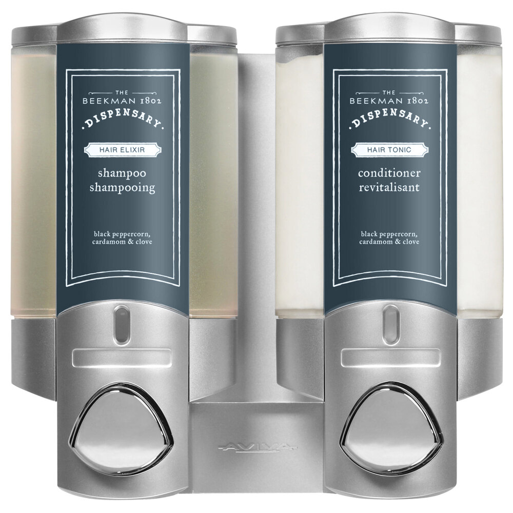 Dispenser Amenities 36234-BKMN Aviva 20 oz. Satin Silver 2-Chamber Wall Mounted Locking Soap Dispenser with Translucent Bottles and Beekman Logo