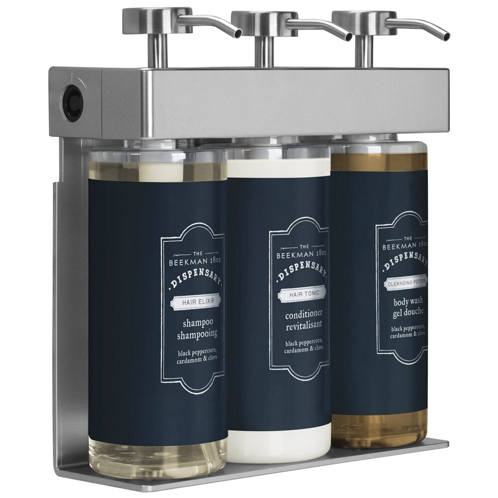 Dispenser Amenities 39334-O3-BKMN SOLera 36 oz. ABS Plastic Wall Mounted Adjustable 3-Chamber Locking Shower Dispenser with Oval Bottles and Beekman Label