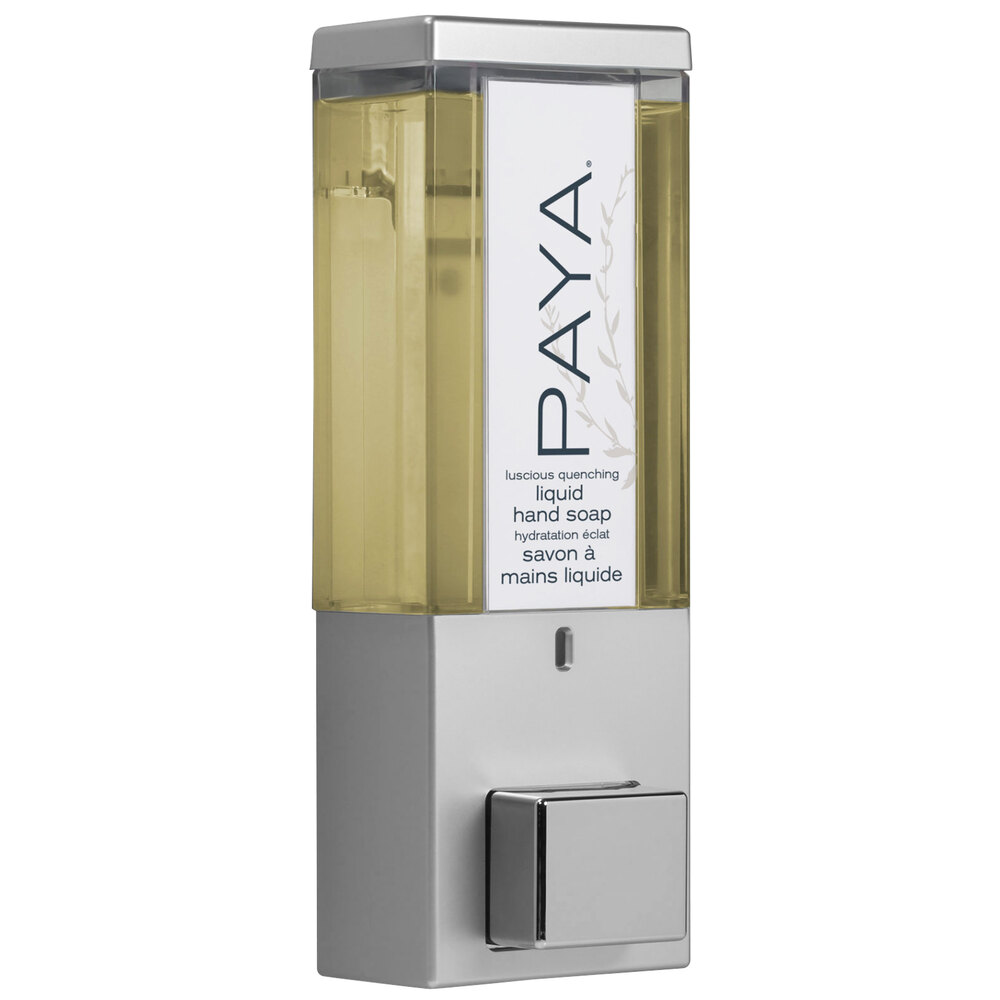 Dispenser Amenities 86134-PAYA iQon 13 oz. Satin Silver Wall Mounted Locking Shower Dispenser with Translucent Bottle and Paya Logo