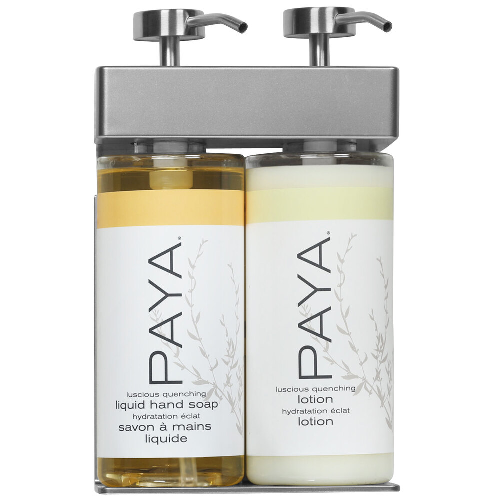 Dispenser Amenities 39234-O3-PAYA SOLera 24 oz. ABS Plastic Wall Mounted Adjustable 2-Chamber Locking Shower Dispenser with Oval Bottles and Paya Label
