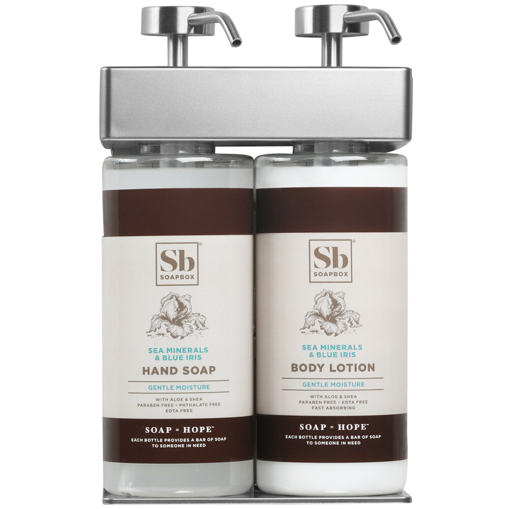 Dispenser Amenities 39234-O3-SPBX SOLera 24 oz. ABS Plastic Wall Mounted Adjustable 2-Chamber Locking Shower Dispenser with Oval Bottles and Soapbox Label