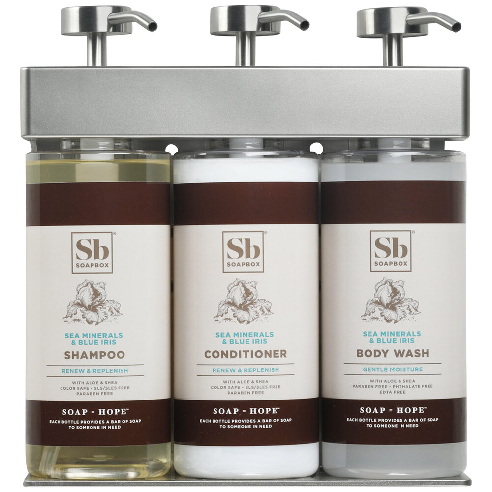 Dispenser Amenities 39334-O3-SPBX SOLera 36 oz. ABS Plastic Wall Mounted Adjustable 3-Chamber Locking Shower Dispenser with Oval Bottles and Soapbox Label