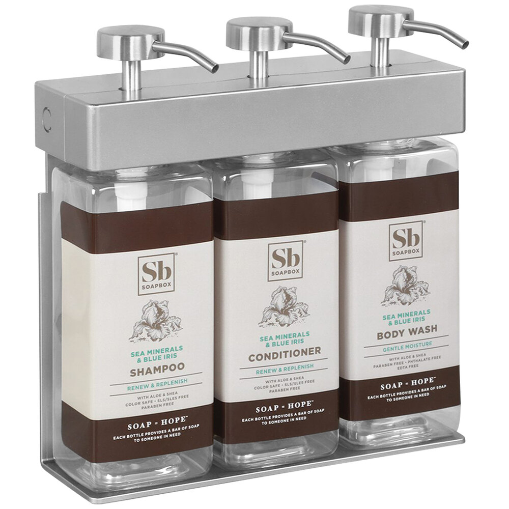 Dispenser Amenities 39334-R3-SPBX SOLera 45 oz. ABS Plastic Wall Mounted Adjustable 3-Chamber Locking Shower Dispenser with Rectangular Bottles and Soapbox Label