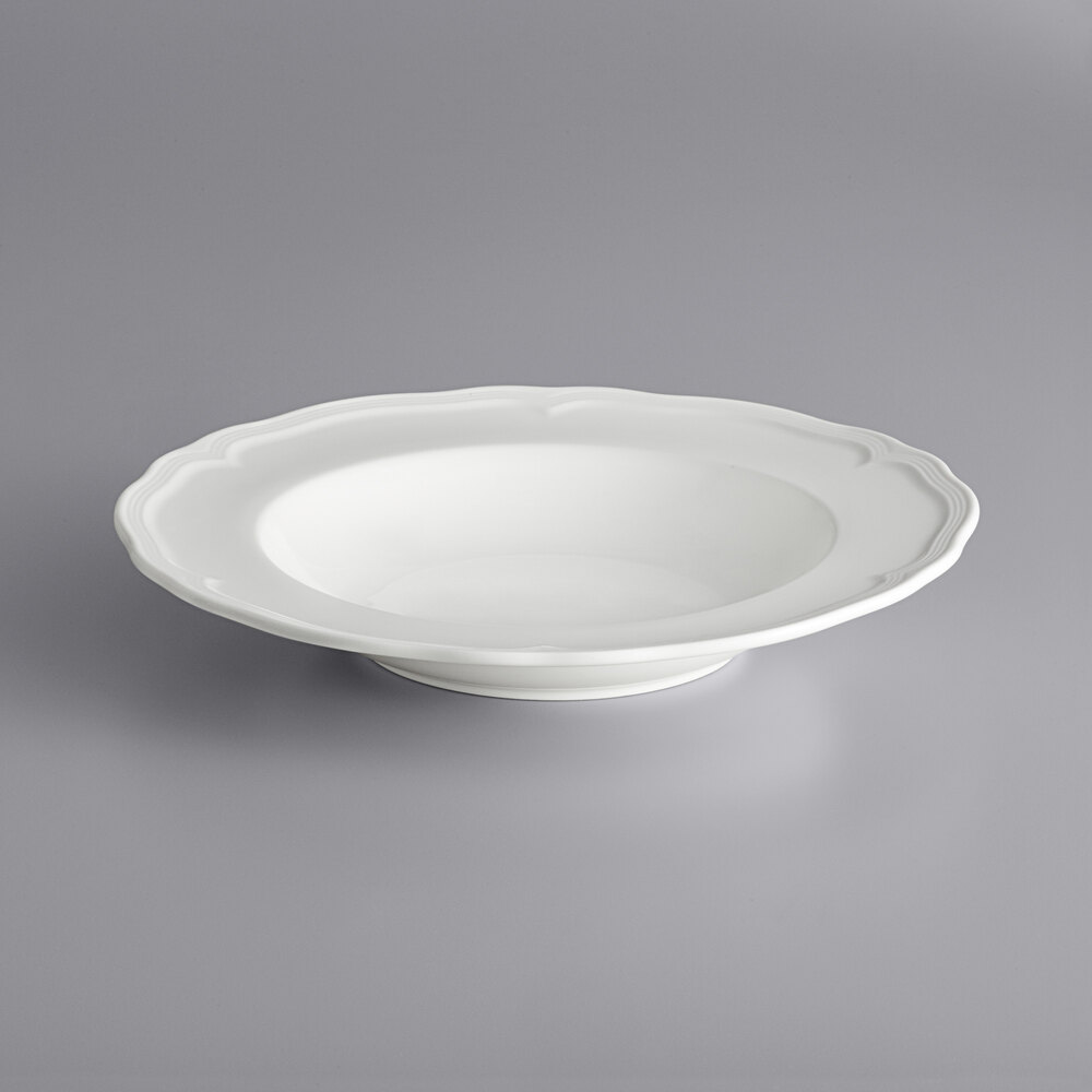 Acopa Condesa 28 oz. Pearl White Scalloped Wide Rim Porcelain Pasta Bowl - Sample