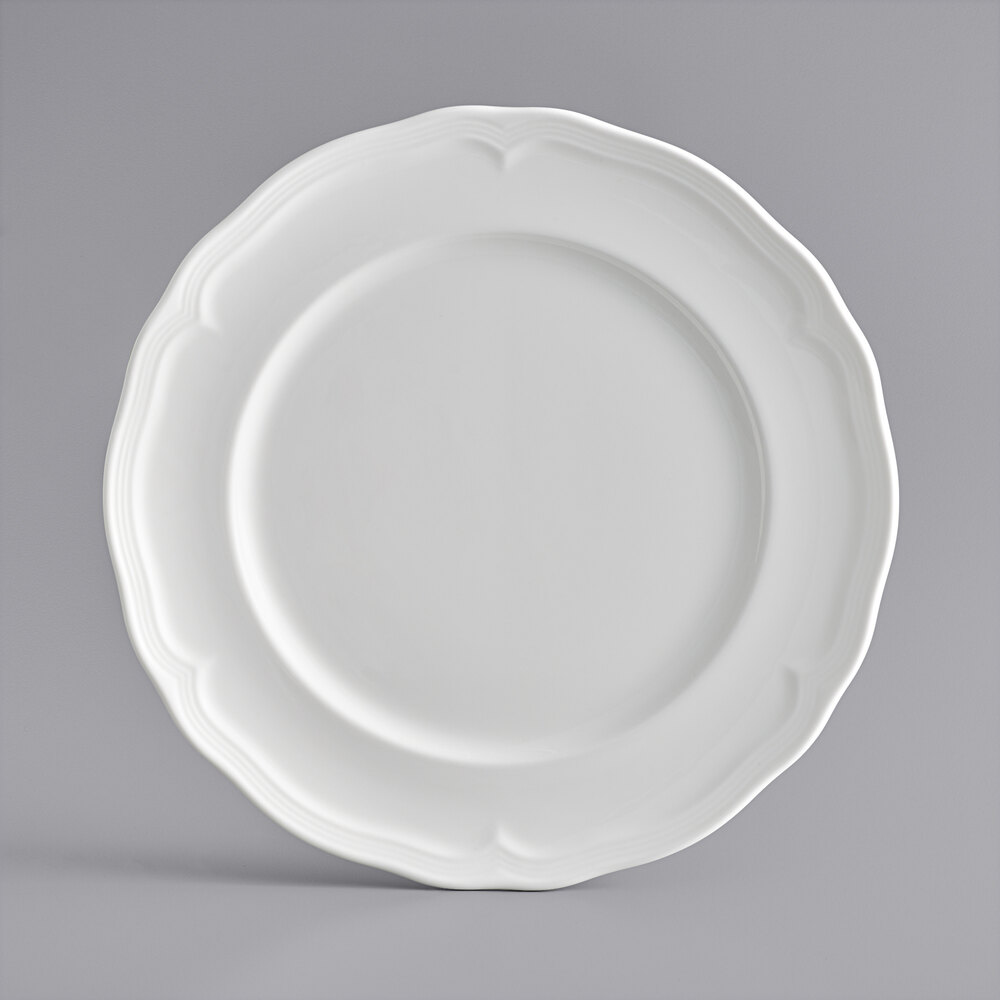 Acopa Condesa 10 1/2" Pearl White Scalloped Wide Rim Porcelain Plate - Sample