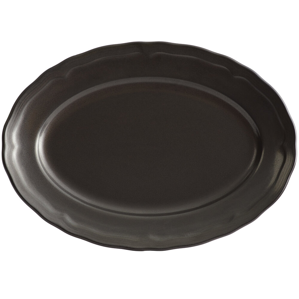 Acopa Condesa 11 1/2" x 8 1/4" Matte Finish Armor Gray Scalloped Wide Rim Porcelain Platter - Sample