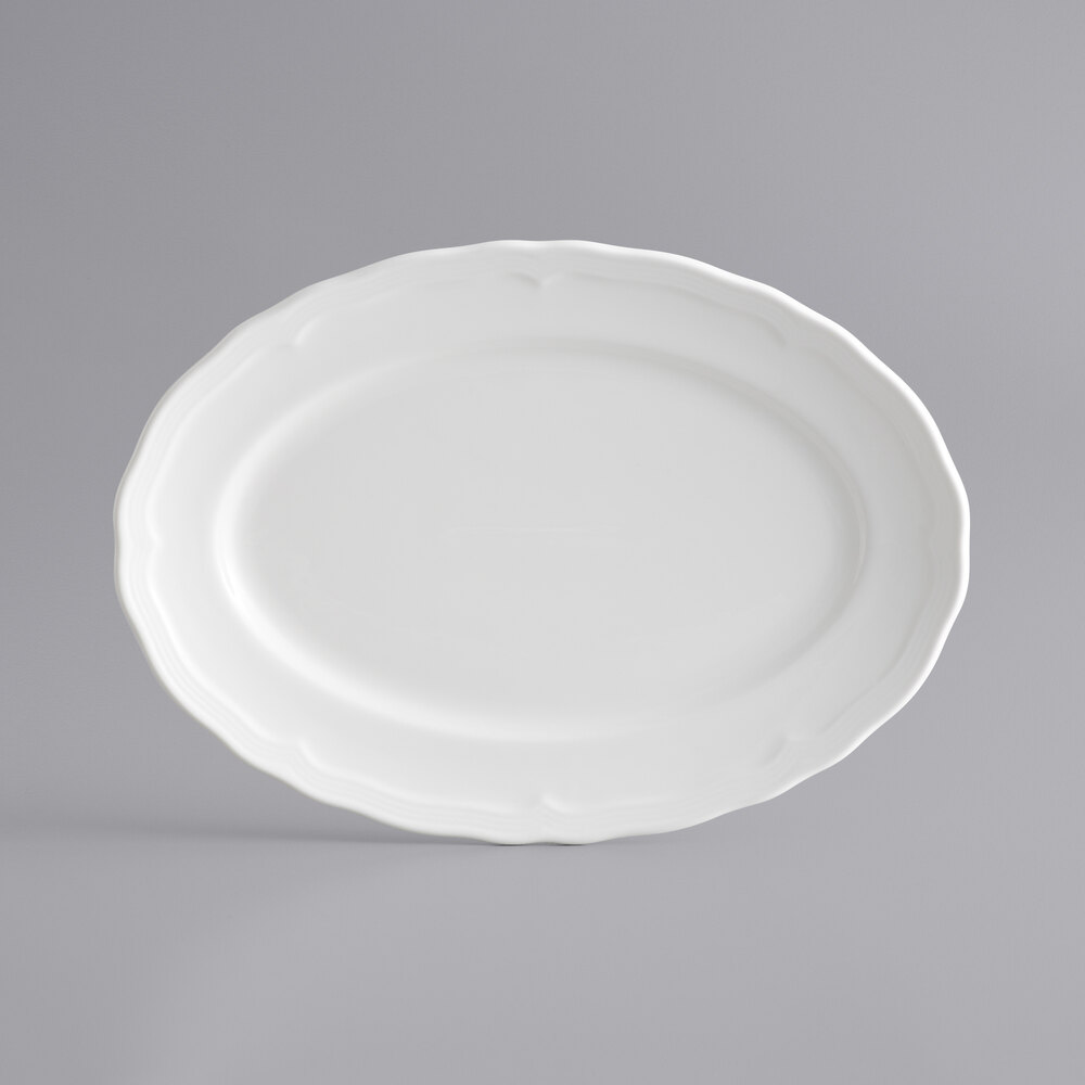 Acopa Condesa 11 1/2" x 8 1/4" Pearl White Scalloped Wide Rim Porcelain Platter - Sample