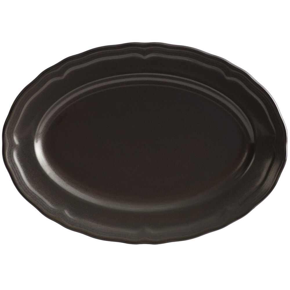 Acopa Condesa 9 3/4" x 7" Matte Finish Armor Gray Scalloped Wide Rim Porcelain Platter - Sample