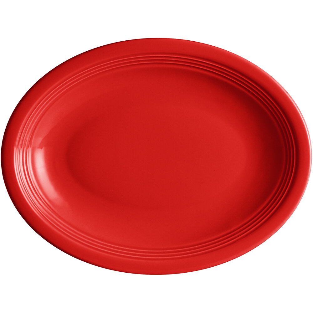 Acopa Capri 11 1/2" x 8 3/4" Passion Fruit Red Oval Stoneware Coupe Platter - Sample