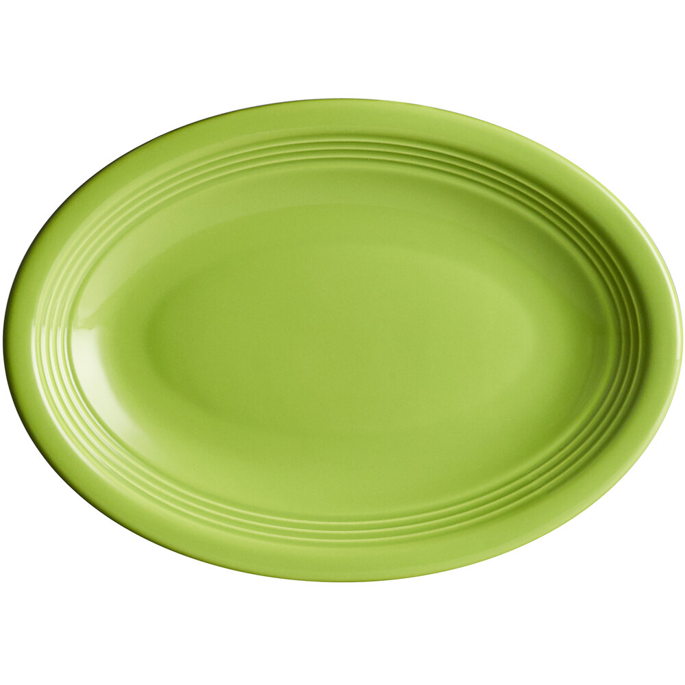 Acopa Capri 9 3/4" x 7" Bamboo Green Oval Stoneware Coupe Platter - Sample