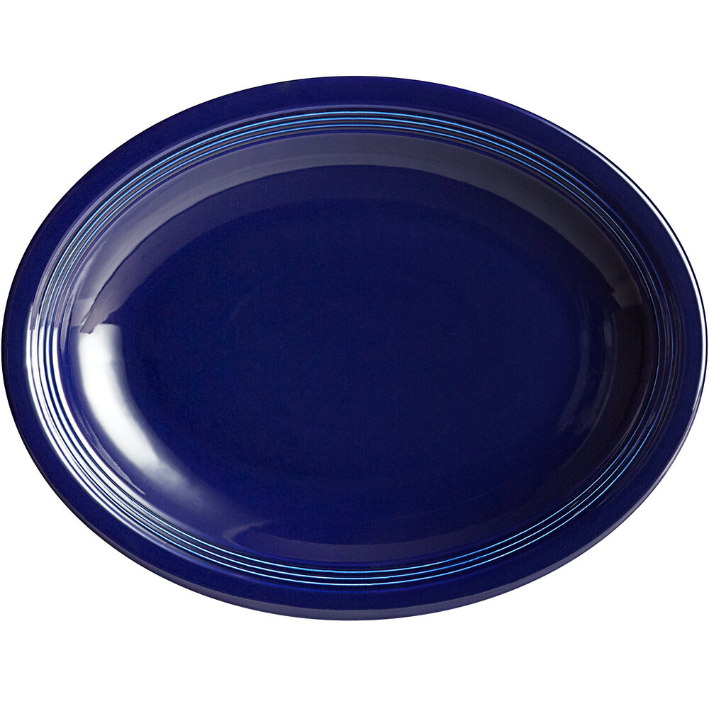 Acopa Capri 13 3/4" x 10 1/2" Deep Sea Cobalt Oval Stoneware Coupe Platter - Sample