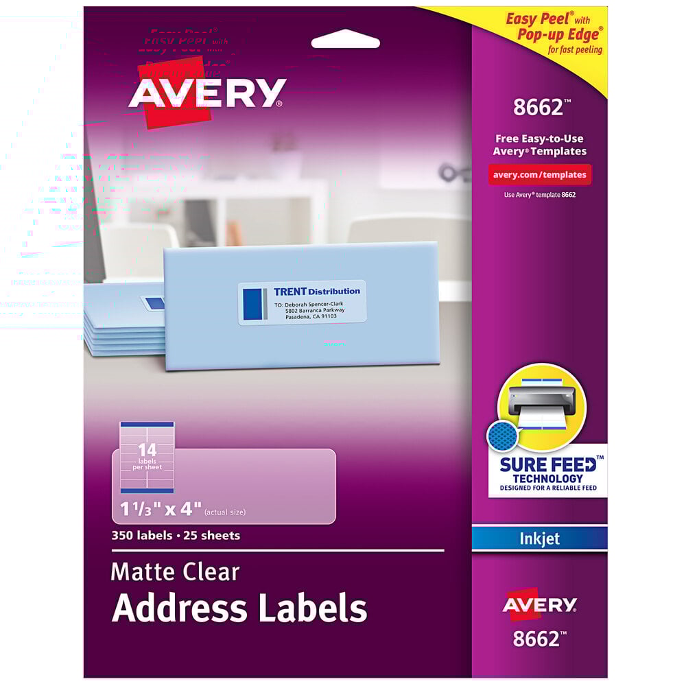 Avery® 08662 Easy Peel 1 1/3" x 4" Matte Clear Address Labels - 350/Pack