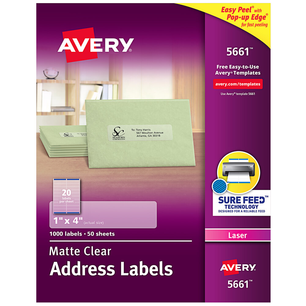 Avery® 5661 1" x 4" Easy Peel Matte Clear Mailing Address Labels - 1,000/Box