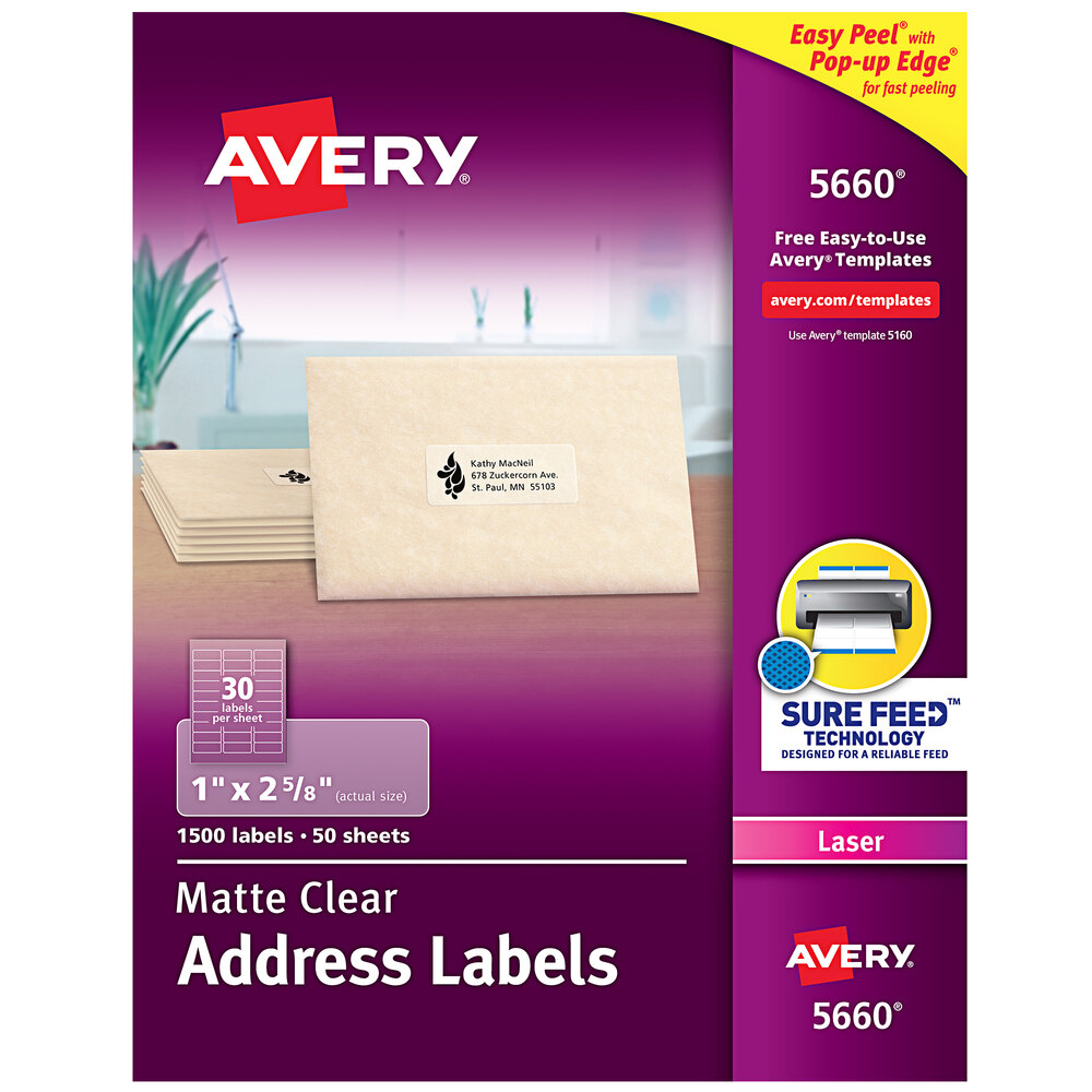 Avery® 5660 1" x 2 5/8" Easy Peel Matte Clear Mailing Address Labels - 1,500/Box
