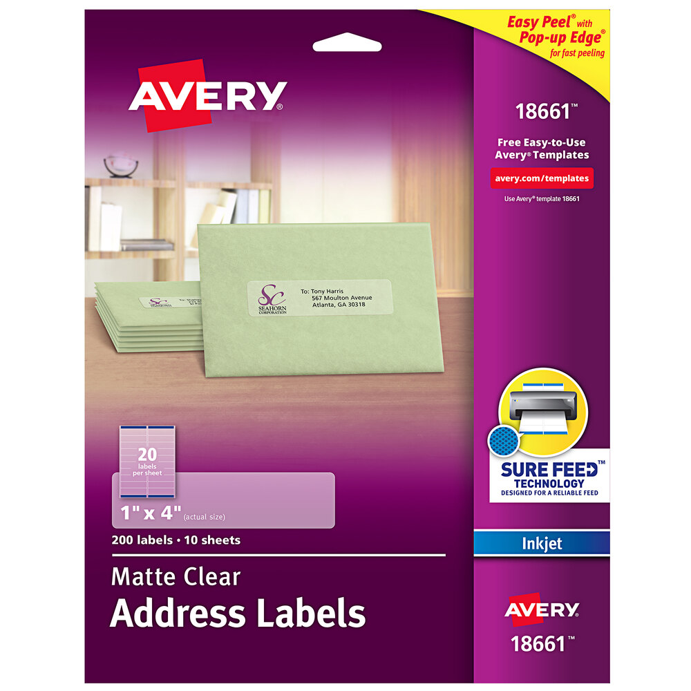 Avery® 18661 Easy Peel 1" x 4" Matte Clear Inkjet Printer Address Labels - 200/Pack