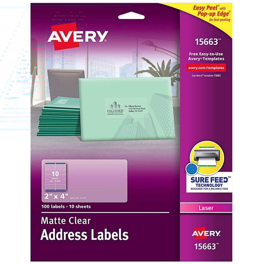 Avery® 15663 Easy Peel 2" x 4" Matte Clear Laser Printer Shipping Labels - 100/Pack