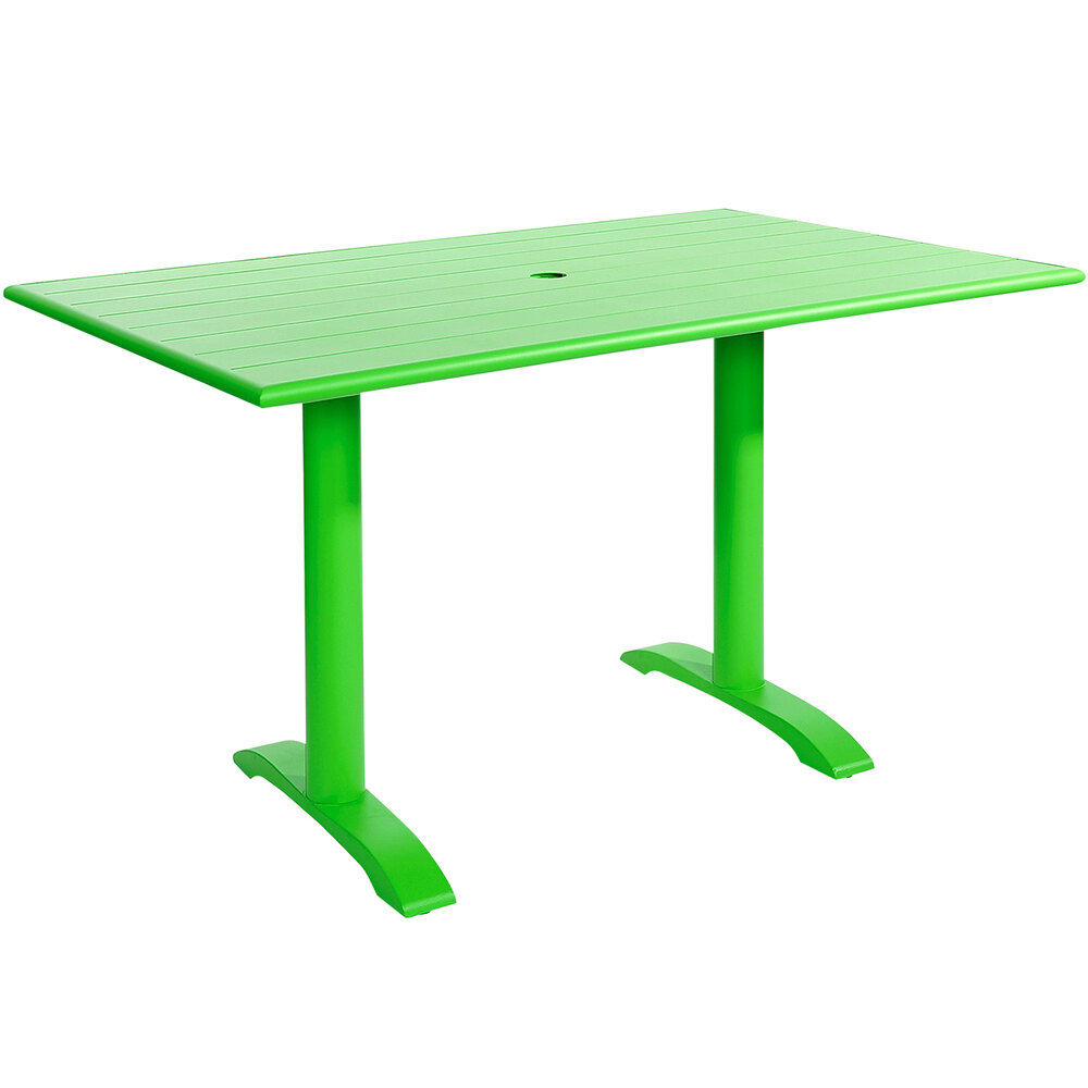 BFM Seating Bali-Beachcomber 32" x 48" Lime Powder Coated Aluminum Bar Height Outdoor / Indoor Table with End Bases and Umbrella Hole