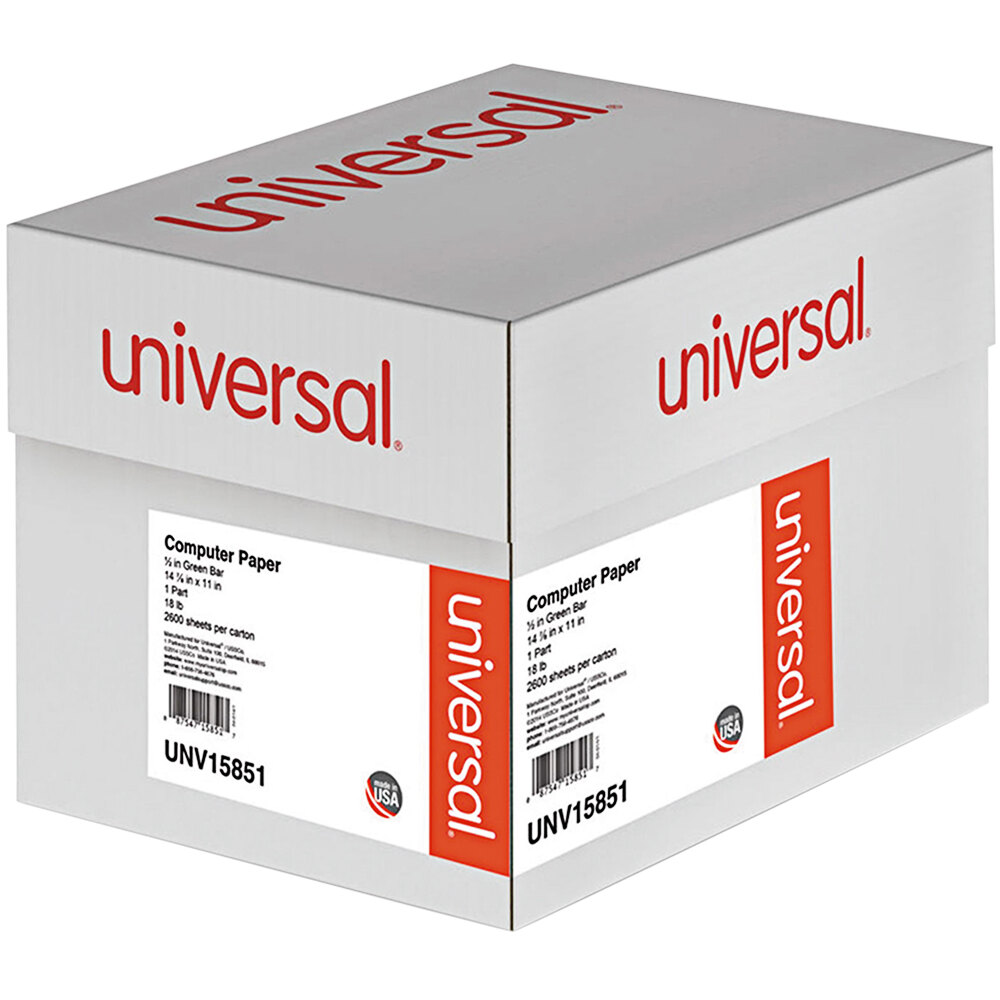 Universal UNV15851 11" x 14 7/8" Green Bar Case of 18 lb. Perforated Continuous Print Computer Paper - 2600 Sheets