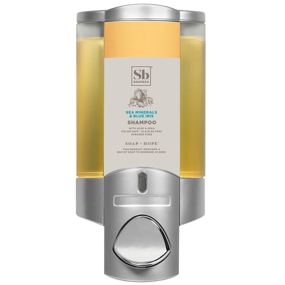 Dispenser Amenities 36134-SPBX Aviva 10 oz. Satin Silver Wall Mounted Locking Soap Dispenser with Translucent Bottle and Soapbox Logo