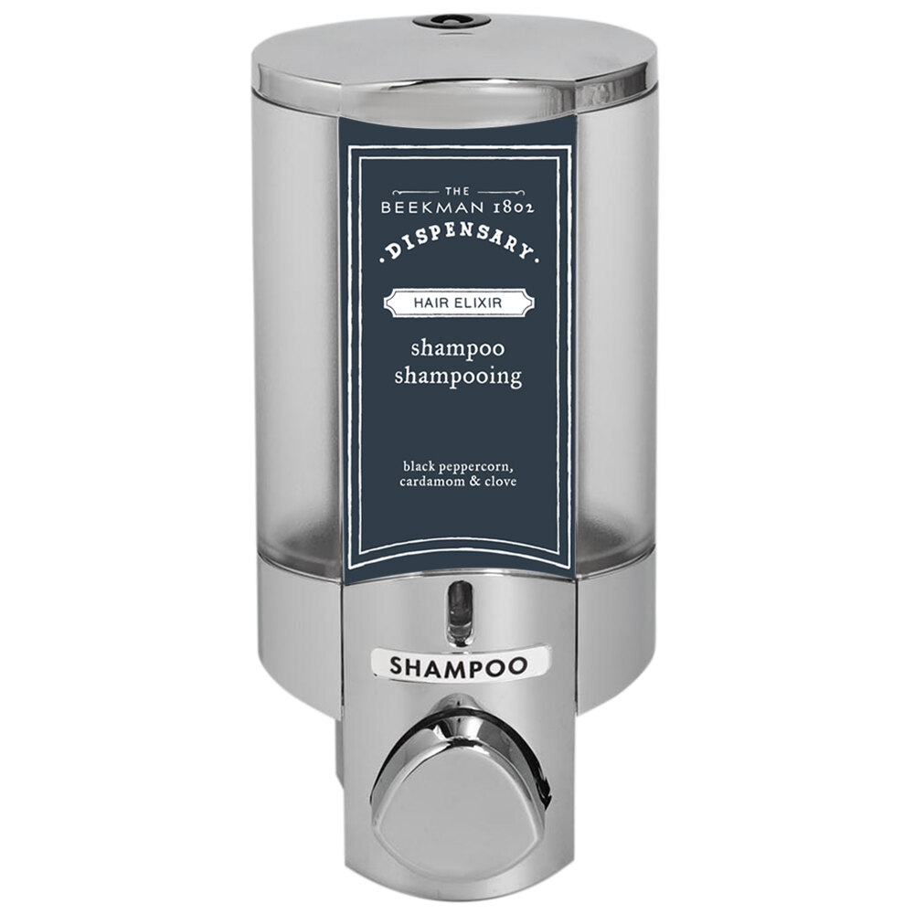 Dispenser Amenities 36144-BKMN Aviva 10 oz. Chrome Wall Mounted Locking Soap Dispenser with Translucent Bottle and Beekman Logo